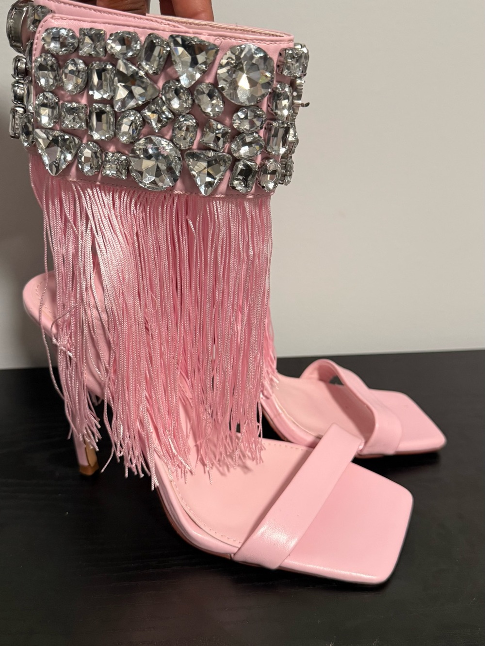 Crystal Fringe Pink Ankle-Strap Heels